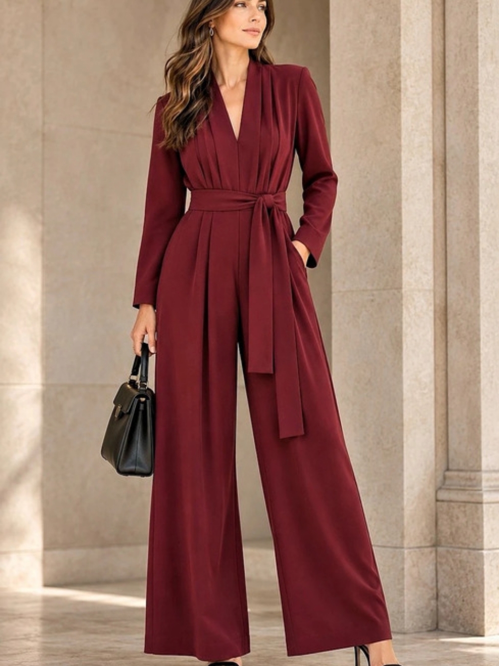Banana Republic Crepe Deep V Neck Wide-Leg Jumpsuit in Burgundy Size Medium NWT